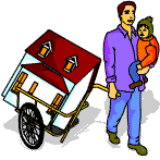Father holding child pulling house on a trailer