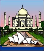 Sydney Opera House in front of the Taj Mahal.