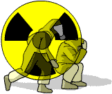 Two men in protective clothing overshadowed by a nuclear sign