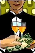 Waiter with drinks, dollars changing hands.