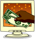 A computer screen with someone handing over cash in the foreground