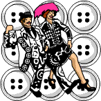 A man and a woman in ornate black-and-white costumes recline against a background of buttons.