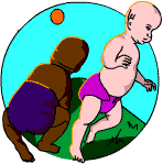 Two babies wearing coloured nappies.