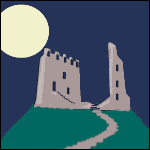 A ruined castle in the moonlight.