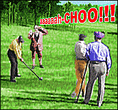 A golf spectator sneezing.