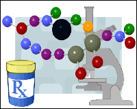 A molecule and a pot labelled Rx superimposed on a picture of a microscope.