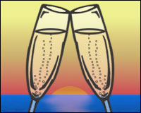 Two glasses of Champagne clinking in front of a sunset