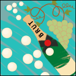 A bottle of Brut, bubbles and grapes.