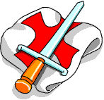A sword lying on a white shirt with a red cross, as worn by the Knights.