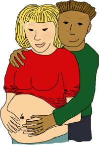 A pregnant woman stands with a man behind her who has his arms around her and his hand on her 'bump'.