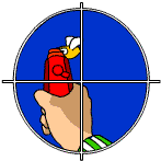 A hand holding a watergun, seen through cross-hairs, fires at bird as it flies past.
