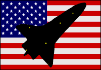 A silhouette of the shuttle against the American flag