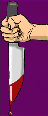 A hand holding a blood-soaked knife.