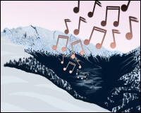 A stream of musical notes pouring out of an Alpine valley
