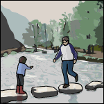 A man and a child walking along stones across a river in Dovedale.
