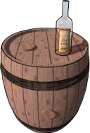 An empty bottle of rum on a barrel.