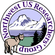 Snow-covered mountains with river and wolf encircled by text reading Northwest US Researchers Group