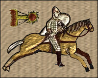 A scene from the Bayeaux Tapestry depicting William the Conqueror on his horse.