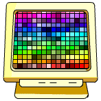 Computer monitor showing multi-coloured squares