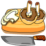 A chopping board, knife and mushroom