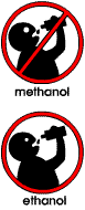 Warning signs noting that, while ethanol may be good to drink, methanol is not.