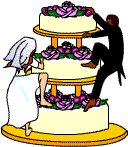 A bride and groom climbing a three-tiered wedding cake