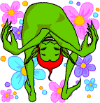 A little green pixie with his head tucked between his legs againgst a flowery background