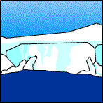 An Antarctic scene with three penguins floating past on an ice block
