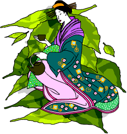 A traditionally dressed Japanese lady making green tea against a leafy background