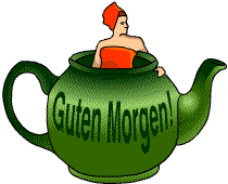 Woman in towel sitting in green teapot on which is written'Guten Morgen'.