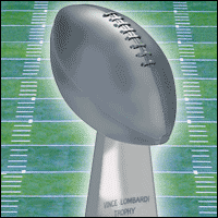 A silver American football on a stand - the Superbowl trophy