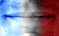 Lips tinted blue, white and red, like the French Tricolour.
