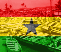 A busy port and the national flag of Ghana, stripes of red, yellow and green with a black star in the middle.