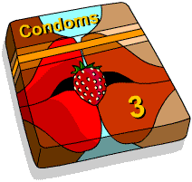 A packet of three condoms with a pair of lips and a strawberry design