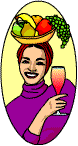 A woman with fruit on her head holding up a fruity drink