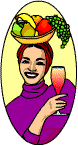 A woman with fruit on her head holding up a fruity drink 