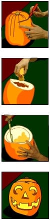 A strip of four images showing how to prepare the perfect Halloween lantern