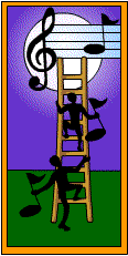 Men carrying musical notes climbing a ladder to a musical staff against a moonlit background