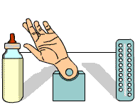 A cross-fingered hand pointing alternatively at a baby's milk bottle and a packet of contraceptive pills