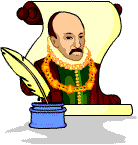 Michel de Montaigne pictured on a scroll next to a quill