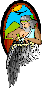 A greek man making wings,
melting a candle in a tower with Icarus in the background