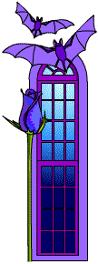 A purple window with a purple rose and purple bats