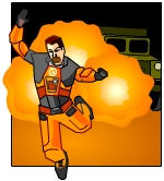 scene from Half Life;computer animated character running away from explosion