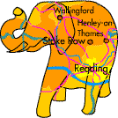 A map of Oxfordshire in the shape of an elephant, highlighting Stoke Row.