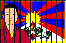 Ngawang Sangdrol and the Tibetan flag behind bars