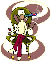 a pretentious poseur, sitting on a chair, holding a glass of red wine