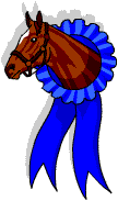 Horse's head with blue ribbon around it.