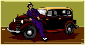 Artwork showing a 'wise guy' leaning on a cool car.