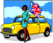 A yellow mini with a groovy 1960s girl in a mini skirt and the Union Jack