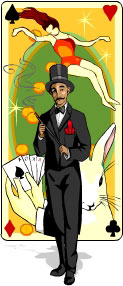 A collage of magic images; bunny rabbits, magicians, playing cards etc